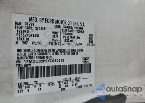 1999 Ford Explorer z USA, uszkodzony, nr VIN 1FMDU32P2XZA60512